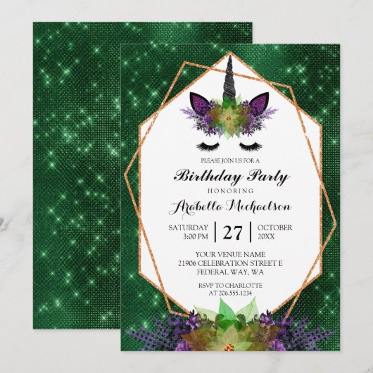 Invitation Unicorne Halloween Floral Green Sparkday (Devant / Derrière)