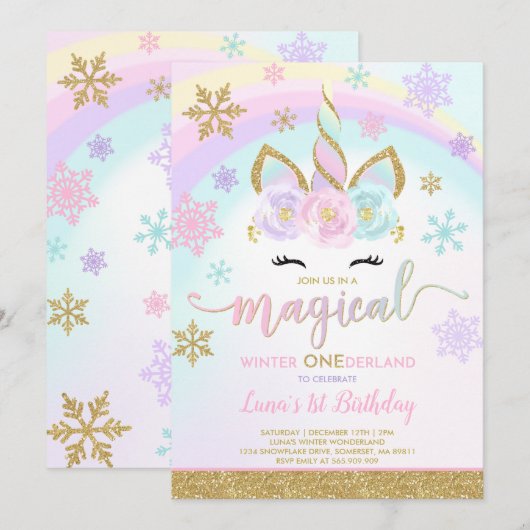 Invitation Unicorne Hiver ONE derland Party (Devant / Derrière)