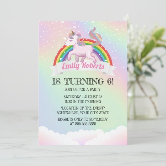 Invitation Unicorne holographique et Rainbow Birthday Party (Debout devant)
