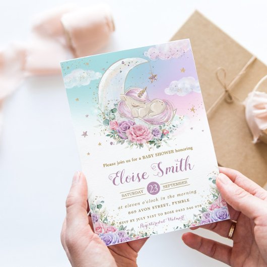 Invitation Unicorne lunaire blanc Baby shower floral violet
