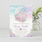 Invitation Unicorne lunaire blanc Baby shower floral violet (Debout devant)