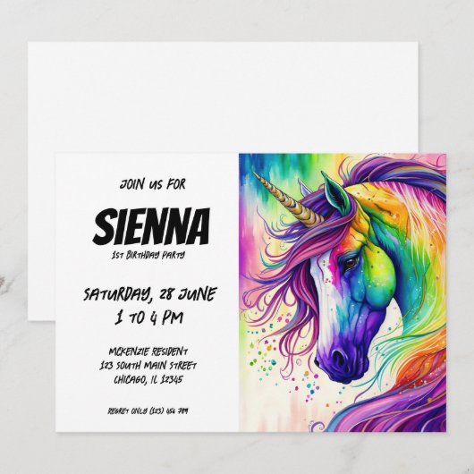 Invitation Unicorne magique (Devant / Derrière)