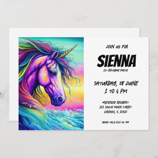 Invitation Unicorne magique (Devant / Derrière)