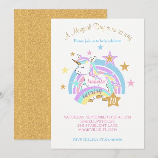 Invitation Unicorne magique 00e anniversaire (Devant / Derrière)