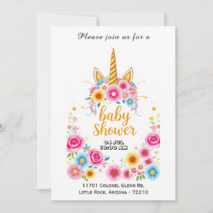 Invitation Unicorne magique avec Baby shower de fleurs coloré
