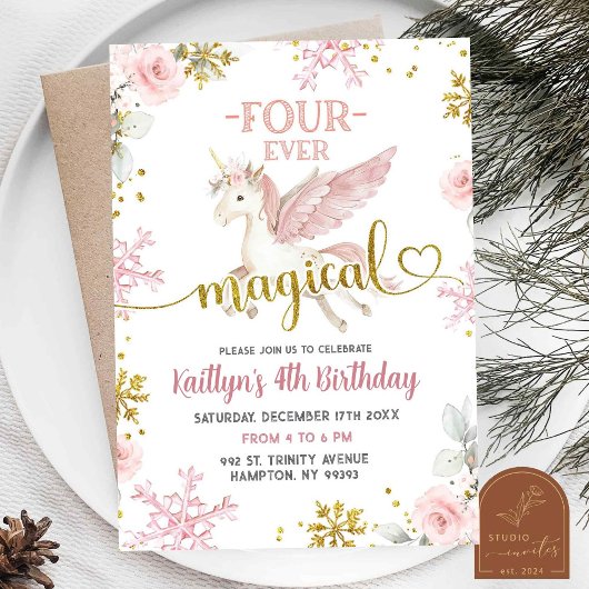 Invitation Unicorne magique de neige rose hiver 4e anniversai