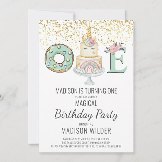 Invitation Unicorne magique premier anniversaire (Devant)