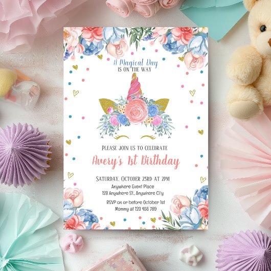 Invitation Unicorne magique Rainbow rose Floral Anniversaire