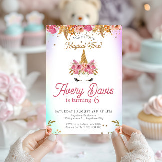 Invitation Unicorne magique Rainbow rose Floral Anniversaire