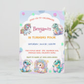 Invitation Unicorne mignonne Dinosaur amis arc-en-ciel Annive (Debout devant)