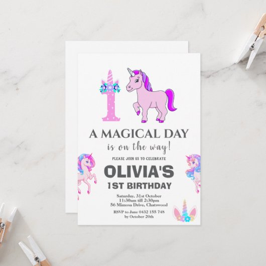 Invitation Unicorne modifiable fête d'anniversaire (Devant/Arrière en situation)