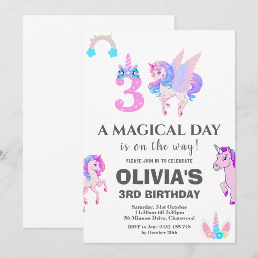 Invitation Unicorne modifiable fête d'anniversaire (Devant / Derrière)