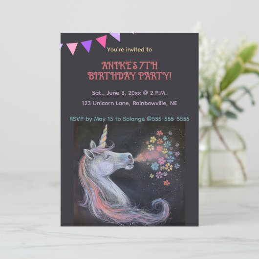 Invitation Unicorne modifiable sur l'Arrière - plan Chalkboar (Debout devant)
