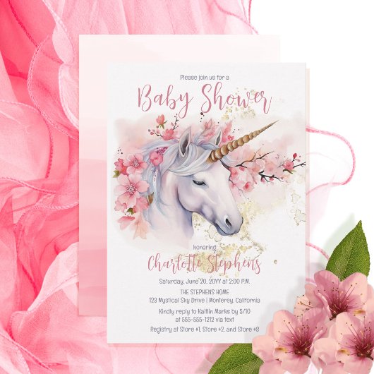 Invitation Unicorne mystique | Baby shower rose floral fille