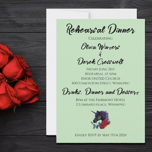 Invitation Unicorne noire violet Fleurs du Sage rouge