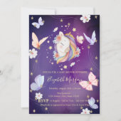Invitation Unicorne Papillons Parties scintillant Violet Baby (Devant)