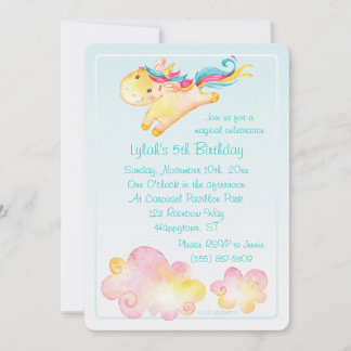 Invitation Unicorne Pastel Rainbow avec nuages doux