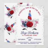 Invitation Unicorne patriotique rouge, blanc et bleu (Devant / Derrière)