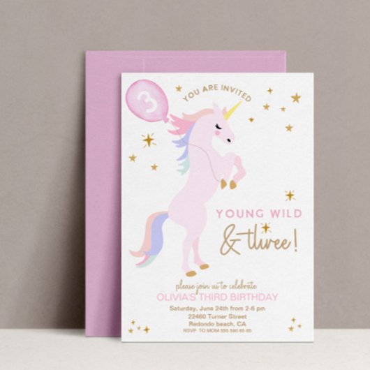 Invitation Unicorne rose 3e anniversaire Young Wild et TROIS