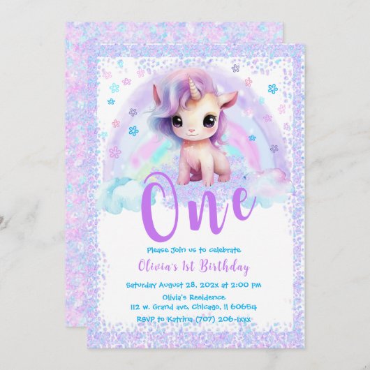 Invitation Unicorne rose et violet 1er anniversaire (Devant / Derrière)