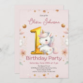 Invitation Unicorne rose fille 1er anniversaire (Devant / Derrière)