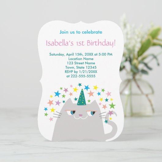 Invitation Unicorne rose fille 1er anniversaire (Debout devant)
