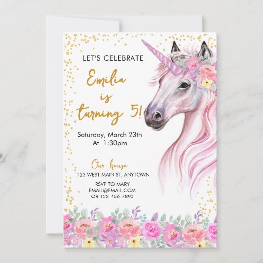 Invitation Unicorne rose floral (Devant)