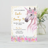 Invitation Unicorne rose floral (Debout devant)