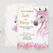 Invitation Unicorne rose floral (Devant / Derrière)