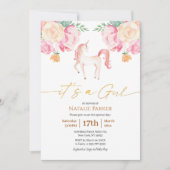 Invitation Unicorne rose Floral Aquarelle Bébé fille Douche (Devant)