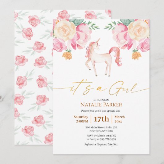 Invitation Unicorne rose Floral Aquarelle Bébé fille Douche (Devant / Derrière)