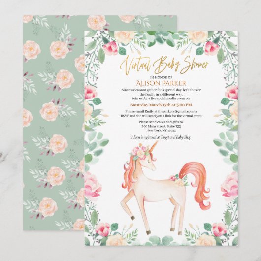 Invitation Unicorne rose Floral Greenery Baby shower virtuel (Devant / Derrière)