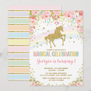 Invitation Unicorne rose floral magique Anniversaire Rainbow 