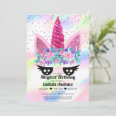 Invitation Unicorne rose magique Parties scintillant florale (Debout devant)
