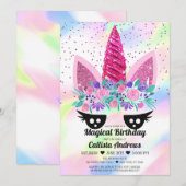 Invitation Unicorne rose magique Parties scintillant florale (Devant / Derrière)