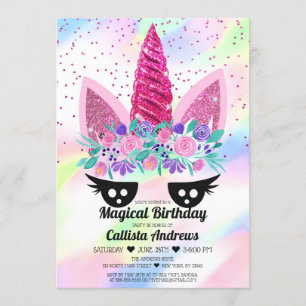 Invitation Unicorne rose magique Parties scintillant florale