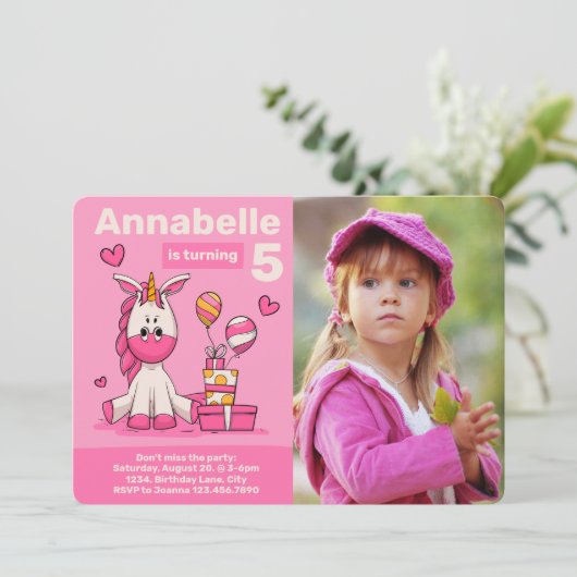 Invitation Unicorne rose mignonne Photo Anniversaire (Debout devant)