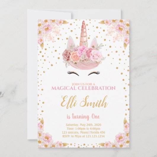 Invitation Unicorne rose modifiable (Devant)