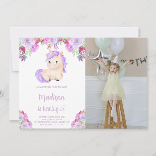 Invitation Unicorne rose pourpre (Devant)