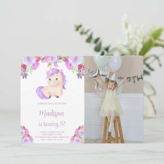 Invitation Unicorne rose pourpre (Debout devant)