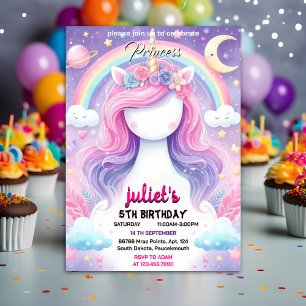 Invitation Unicorne rose pourpre mignonne fille 1er anniversa