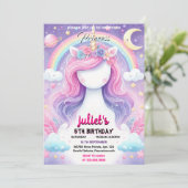 Invitation Unicorne rose pourpre mignonne fille 1er anniversa (Debout devant)