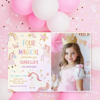 Invitation Unicorne rose Quatre jamais Magique Photo Annivers