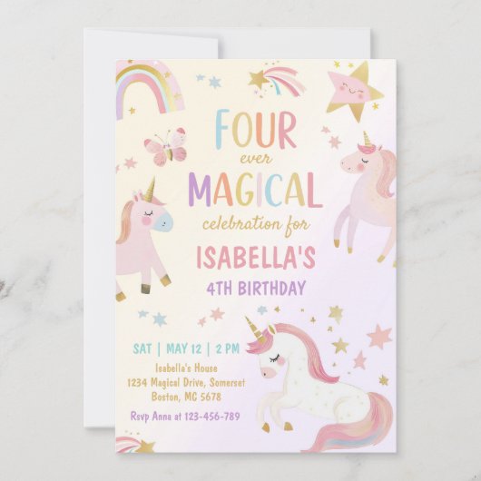 Invitation Unicorne rose Quatre Jours Magique Anniversaire (Devant)