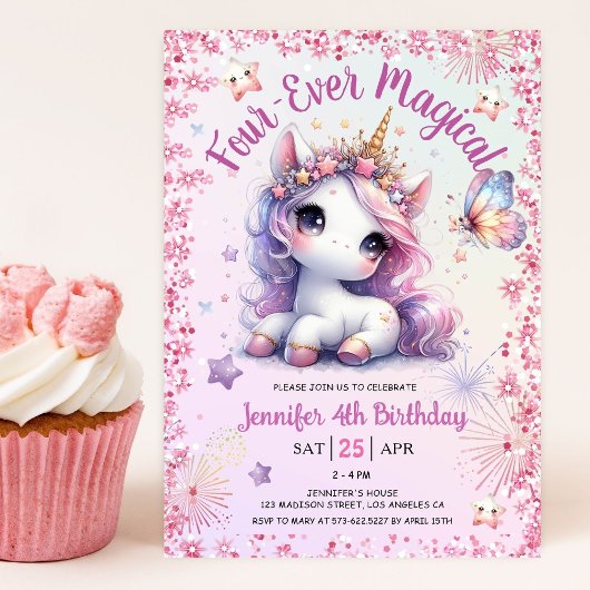 Invitation Unicorne rose rose vif quatre fois magique 4e anni