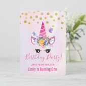Invitation Unicorne rose tendance avec fleurs fête d'annivers (Debout devant)