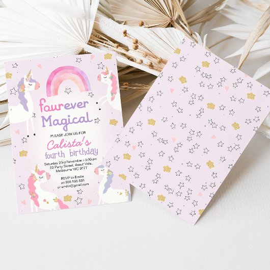 Invitation Unicorne rose violet frourever Magique 4e annivers