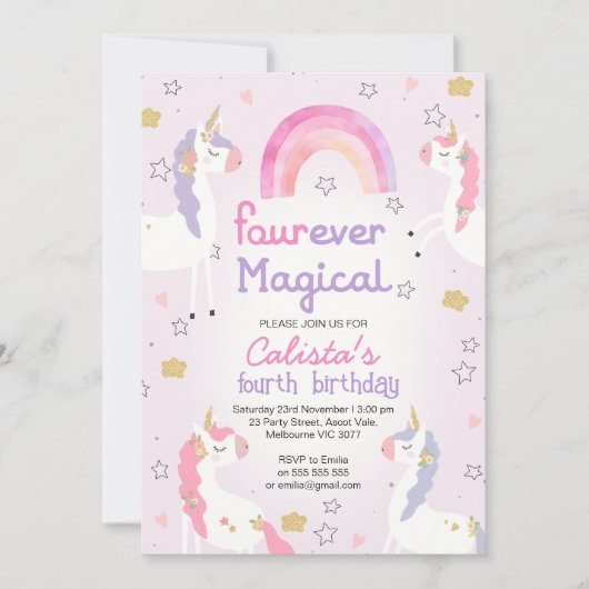 Invitation Unicorne rose violet frourever Magique 4e annivers (Devant)