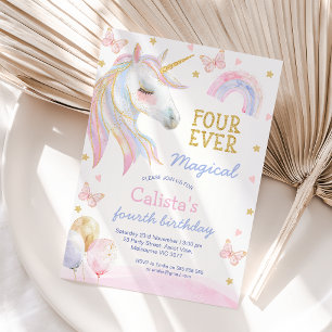 Invitation Unicorne rose violet quatre jamais magique 4e anni