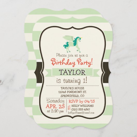 Invitation Unicorne verte turquoise et légère (Devant / Derrière)